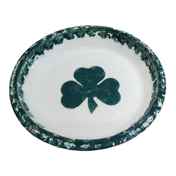 Green Clover Spongeware Pie Plate Pottery - 9" - Picture 1 of 16